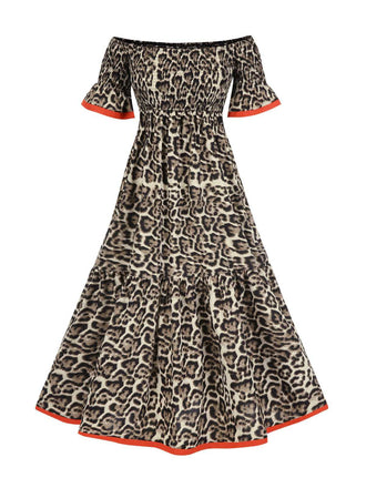 She slips into this 1970s Off-Shoulder Flare Sleeve Leopard Dress and suddenly it's a 1970s daydream
