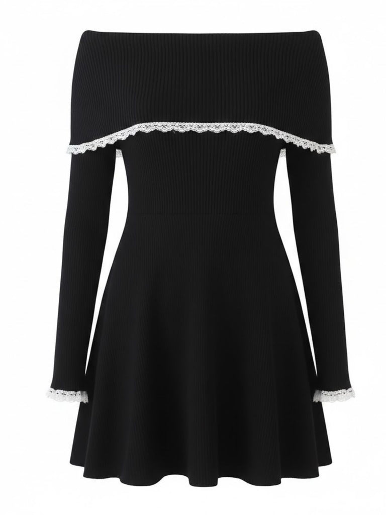 1970s Off-Shoulder Lace Knitted Dress - vintage dress, retro fashion