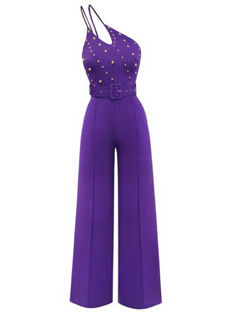 1970s One-Shoulder Studded Belted Jumpsuit - vintage jumpsuit, retro fashion