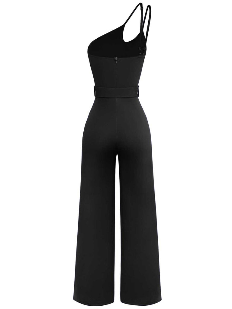 strapless open back dress 1970s One-Shoulder Studded Belted Jumpsuit