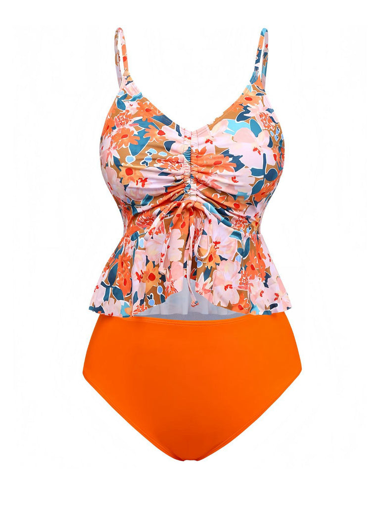 Orange 1970s Floral Drawstring Spaghetti Straps Tankini Set - vintage fashion, retro style