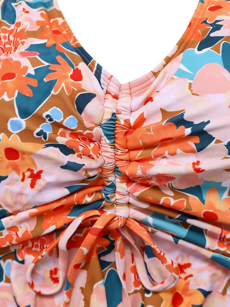 Orange 1970s Floral Drawstring Spaghetti Straps Tankini Set - vintage fashion, retro style