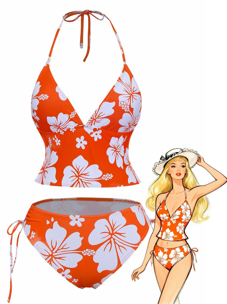 Orange 1970s Tropical Floral Halter Tie-Side Tankini Set - vintage fashion, retro style