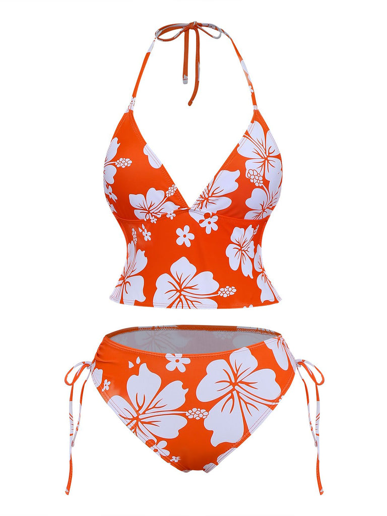Orange 1970s Tropical Floral Halter Tie-Side Tankini Set - vintage fashion, retro style