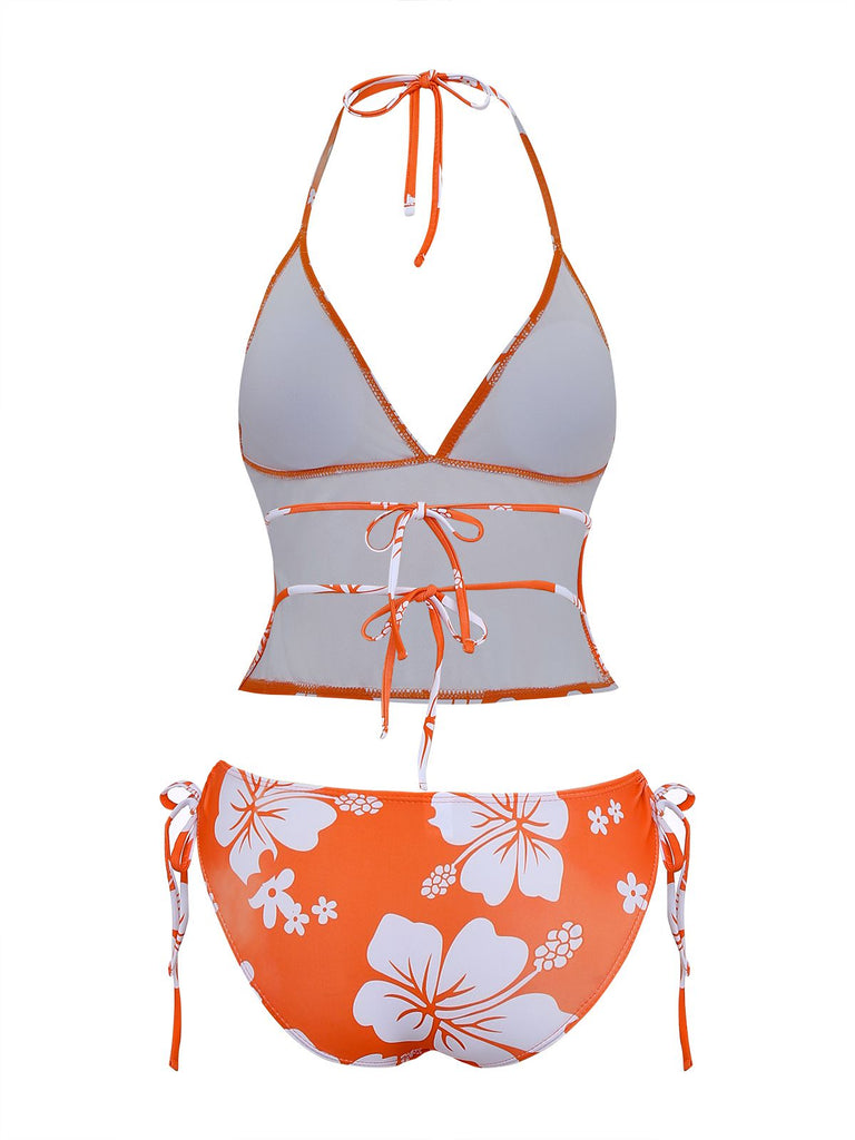 Orange 1970s Tropical Floral Halter Tie-Side Tankini Set - vintage fashion, retro style