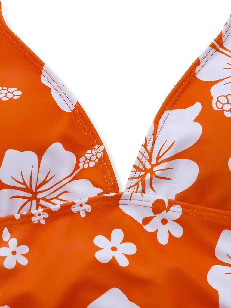 Orange 1970s Tropical Floral Halter Tie-Side Tankini Set - vintage fashion, retro style
