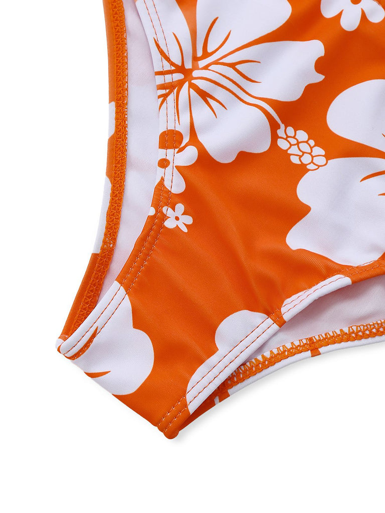 Orange 1970s Tropical Floral Halter Tie-Side Tankini Set - vintage fashion, retro style