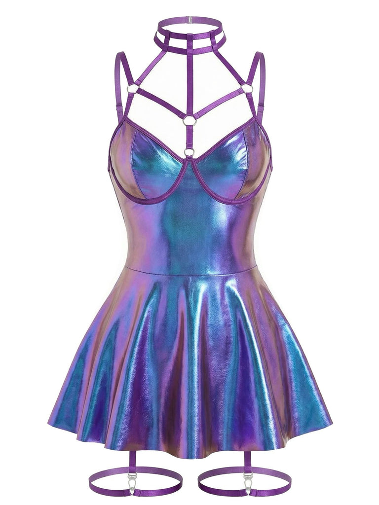 Rave Outfits Women's Metallic Leather Skirted Teddy with Harness & Garter Straps Blue Rave Outfits Women's Metallic Leather Skirted Teddy with Harness & Garter Straps Blue