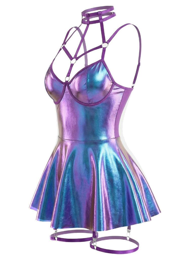 Rave Outfits Women's Metallic Leather Skirted Teddy with Harness & Garter Straps Blue