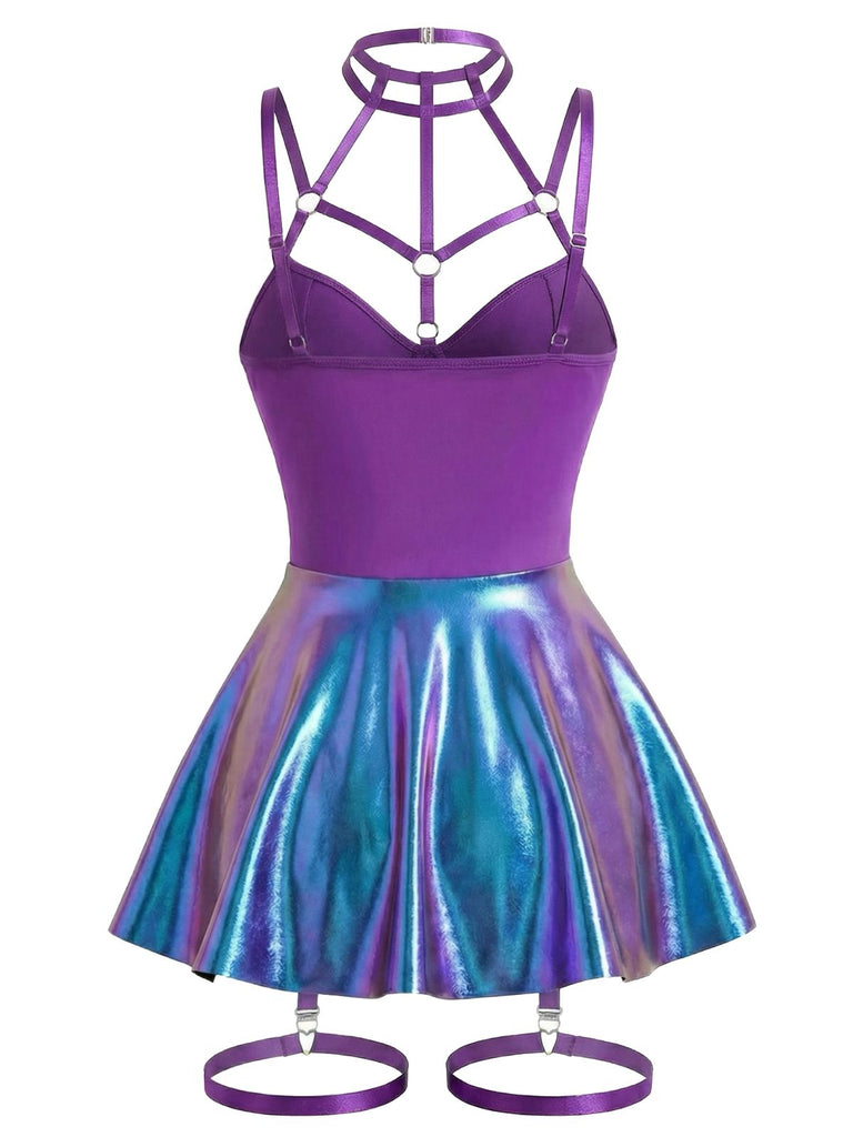 Rave Outfits Women's Metallic Leather Skirted Teddy with Harness & Garter Straps Blue Rave Outfits Women's Metallic Leather Skirted Teddy with Harness & Garter Straps Blue