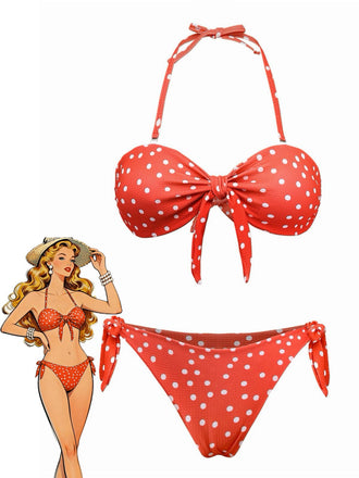 1970s Polka Dot Tie-Front Strapless Bikini Set - vintage fashion, retro style