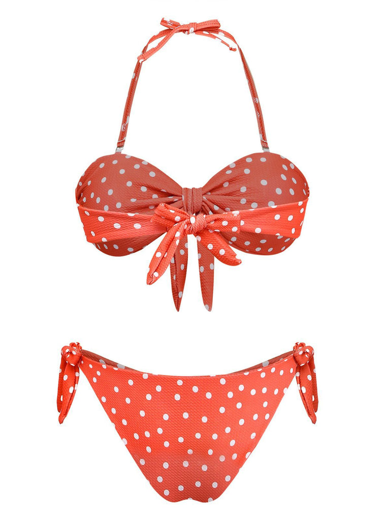 1970s Polka Dot Tie-Front Strapless Bikini Set - vintage fashion, retro style