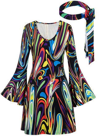 1970s Psychedelic Print Bell Sleeve Mini Dress with Headband, vintage dress, retro fashion - vintage inspired fashion