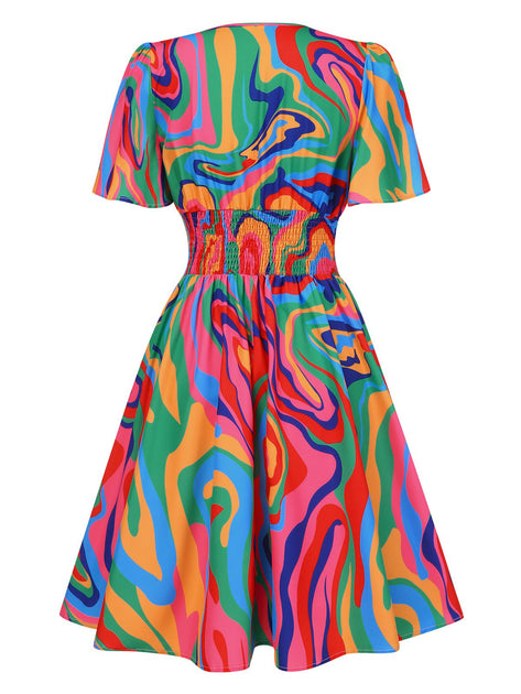 1970s fashion dress Psychedelic Print V-Neck Yblocklist White 100% Cotton Round PIECED TOGETHER AND CUT Material:82% Cotton + 10% Polyester + 8% Spandex