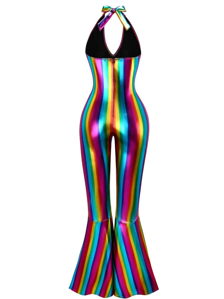 1970s Rainbow Colorblock Disco Halter Jumpsuit - vintage jumpsuit, retro fashion