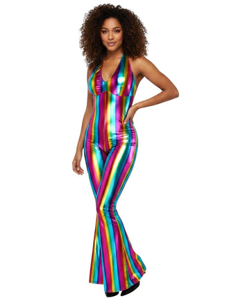 1970s Rainbow Colorblock Disco Halter Jumpsuit, vintage romper, retro jumpsuit - perfect for women who love vintage and retro fashion