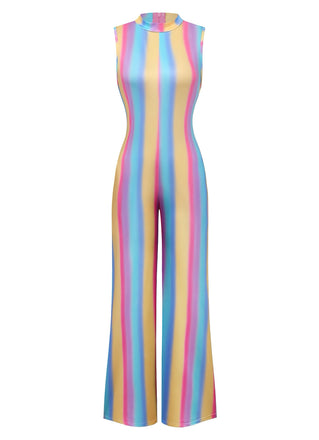 1970s Rainbow Stripe Sleeveless Wide-Leg Jumpsuit - vintage jumpsuit, retro fashion