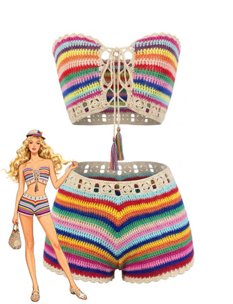 1970s Rainbow Striped Crochet Bandeau Bikini Set - vintage fashion, retro style