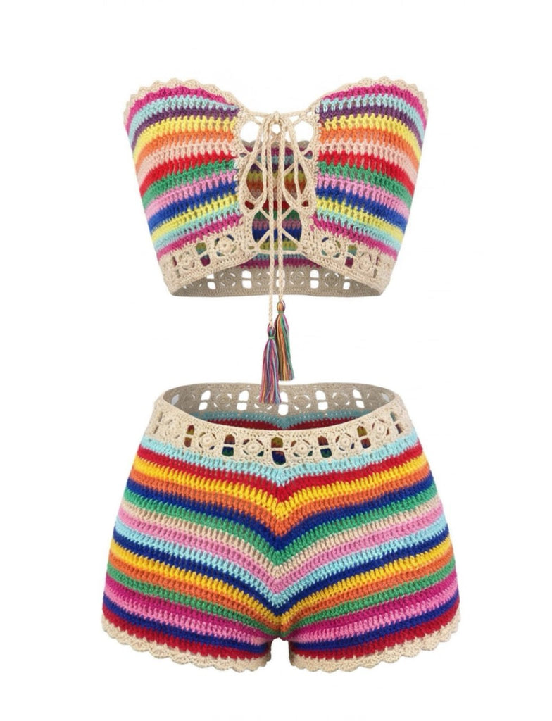 1970s Rainbow Striped Crochet Bandeau Bikini Set | Retro Stage