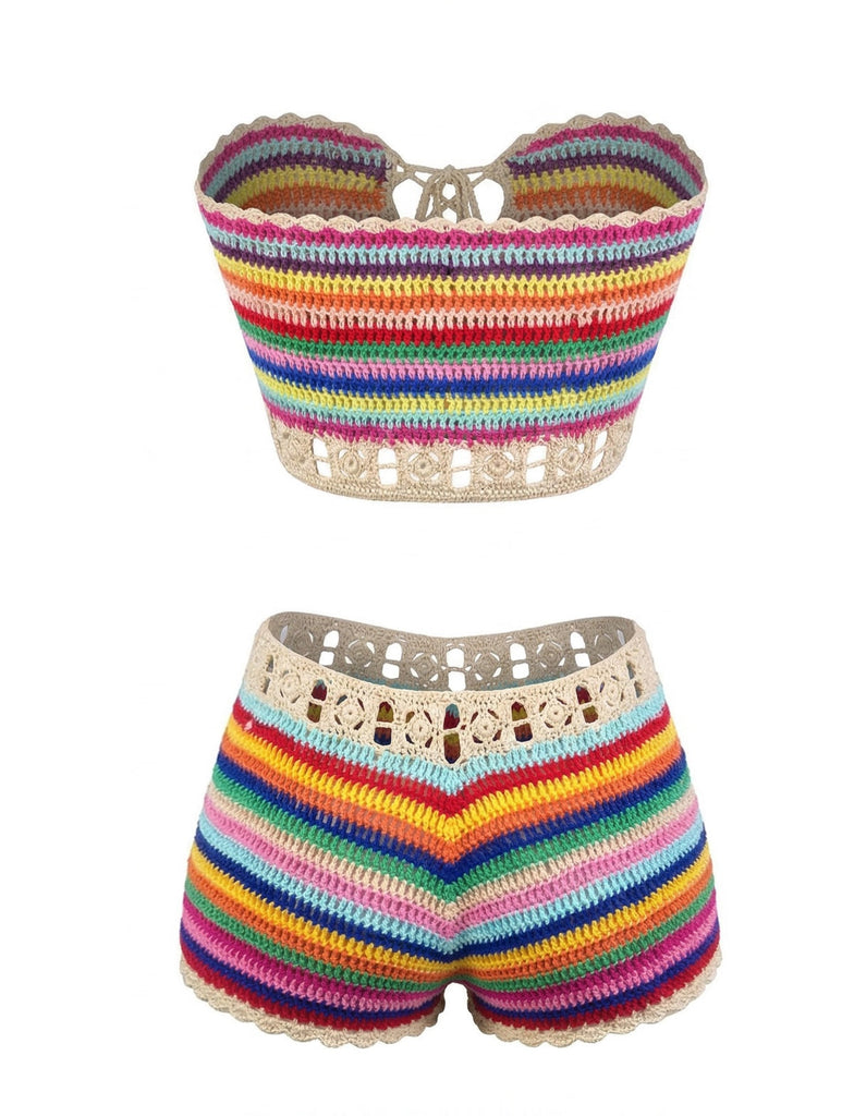 1970s Rainbow Striped Crochet Bandeau Bikini Set - vintage swimwear, retro swimsuit, pin-up style for vintage lovers
