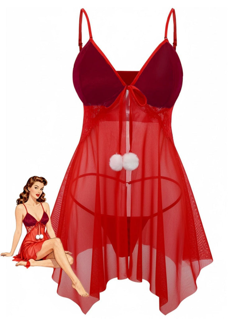 Red 1970s Sheer Babydoll Lace Lingerie Set With Pom Pom | Retro Stage Red 1970s Sheer Babydoll Lace Lingerie Set With Pom Pom | Retro Stage