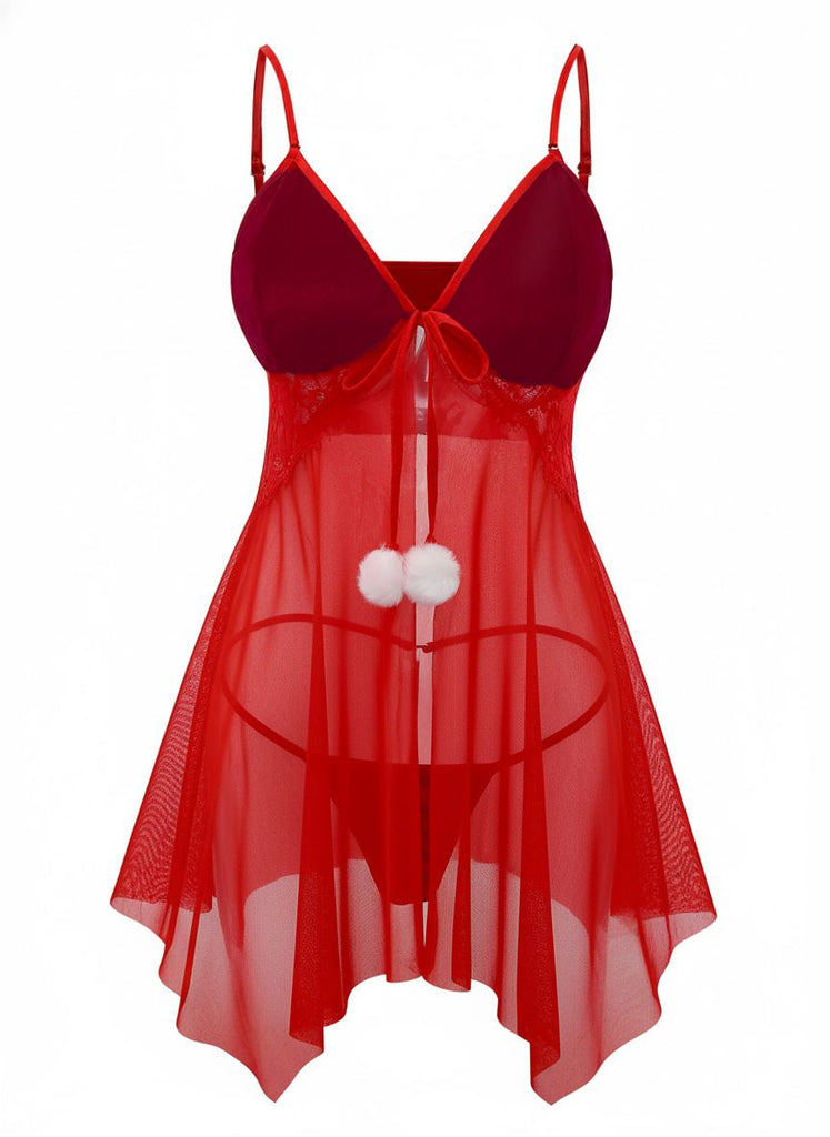 Red 1970s Sheer Babydoll Lace Lingerie Set With Pom Pom