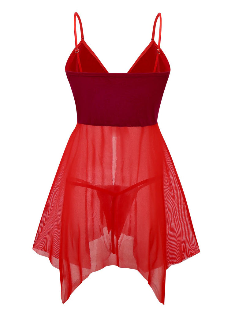 Red 1970s Sheer Babydoll Lace Lingerie Set With Pom Pom | Retro Stage Red 1970s Sheer Babydoll Lace Lingerie Set With Pom Pom | Retro Stage