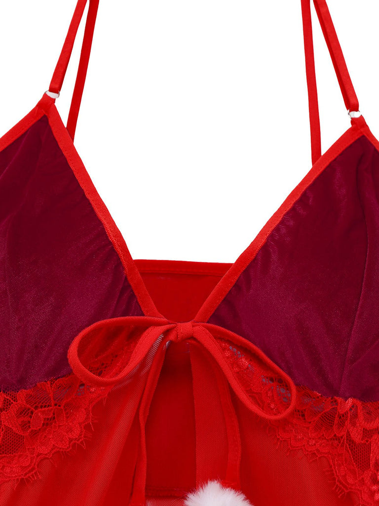 Red 1970s Sheer Babydoll Lace Lingerie Set With Pom Pom