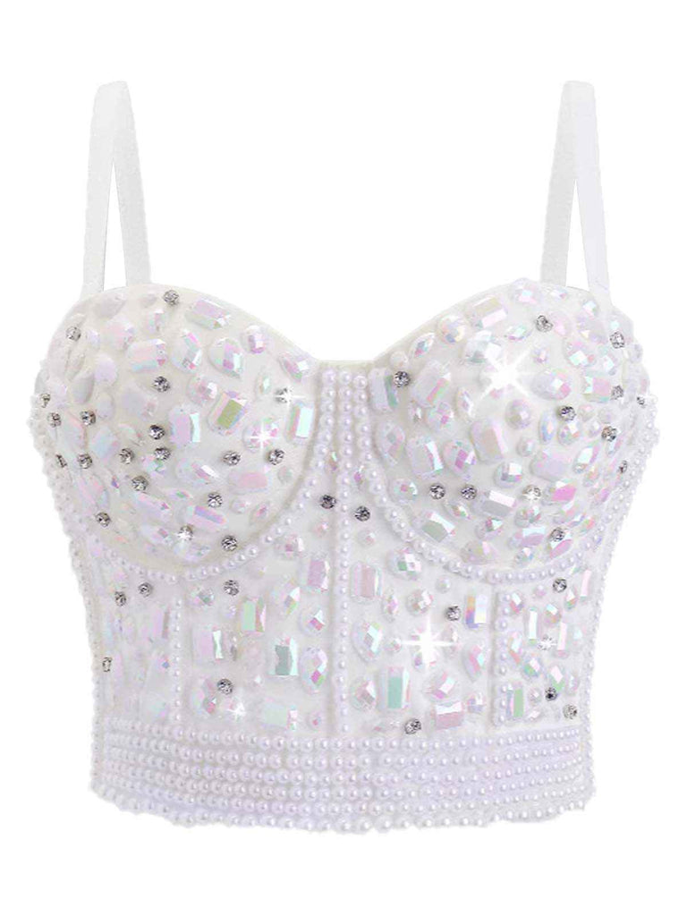 1970s Rhinestone Pearl Spaghetti Strap Corset Top - vintage fashion, retro style