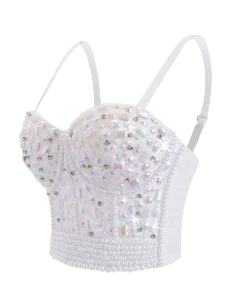 1970s Rhinestone Pearl Spaghetti Strap Corset Top - vintage fashion, retro style