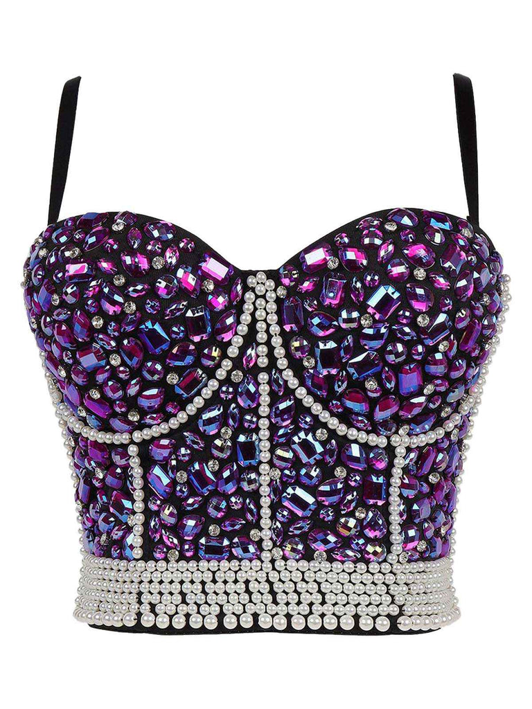 1970s Rhinestone Pearl Spaghetti Strap Corset Top - vintage fashion, retro style