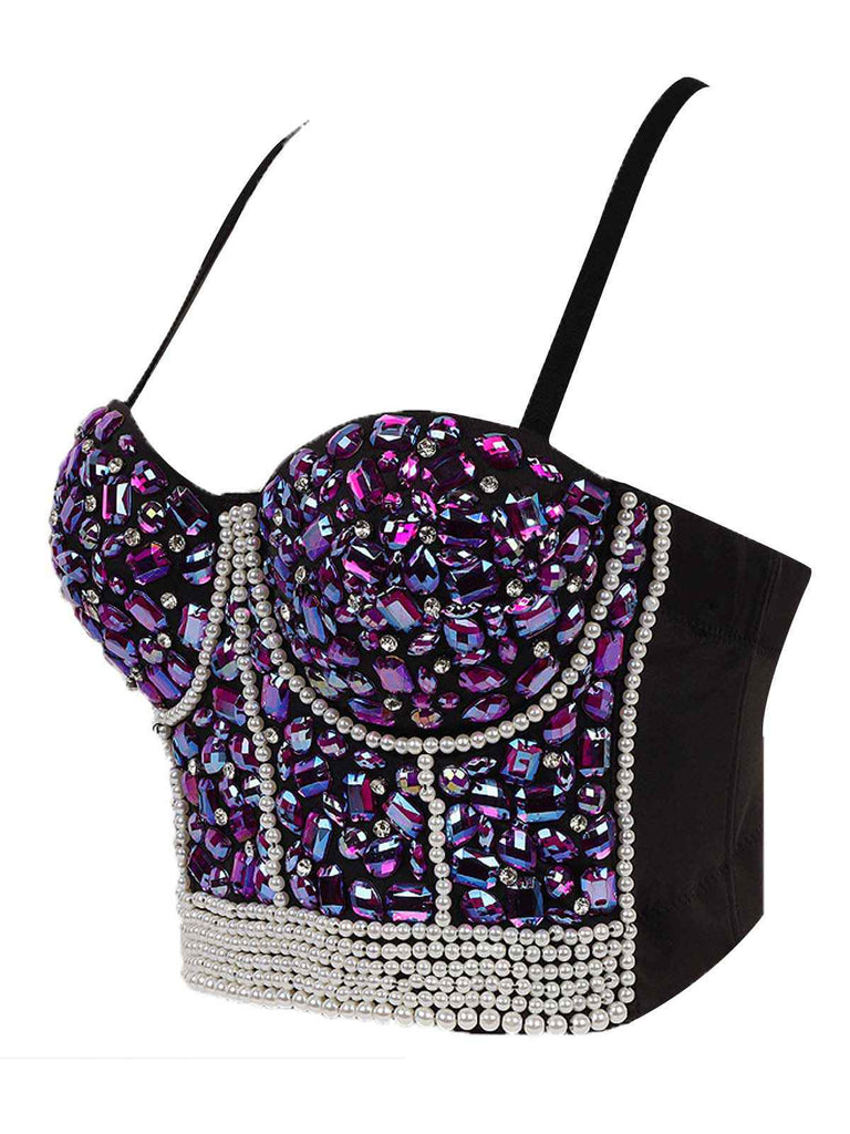 1970s Rhinestone Pearl Spaghetti Strap Corset Top - vintage fashion, retro style