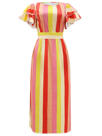 She slips into this 1970s Roman Stripes Ruffle Sleeve Dress and suddenly it's a 1970s daydream