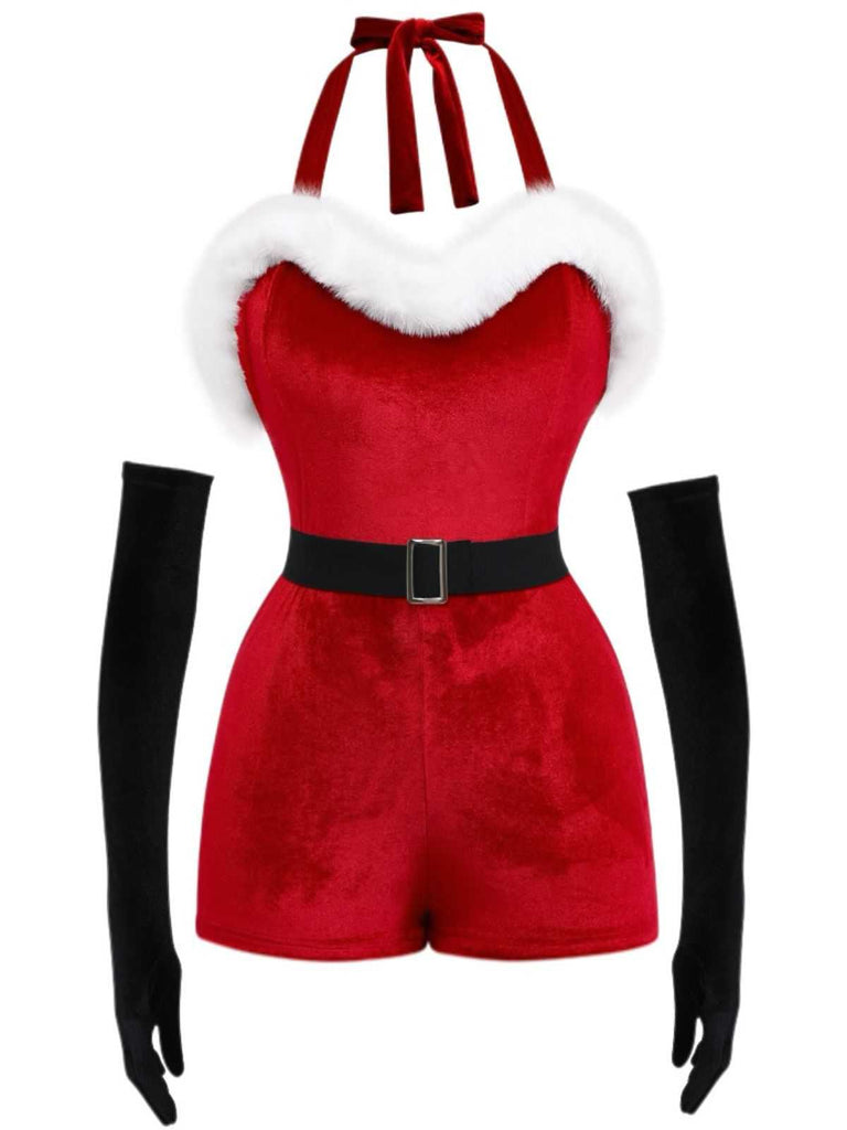 1970s Christmas Velvet Faux Fur Trim Halter Romper Set - vintage jumpsuit, retro fashion