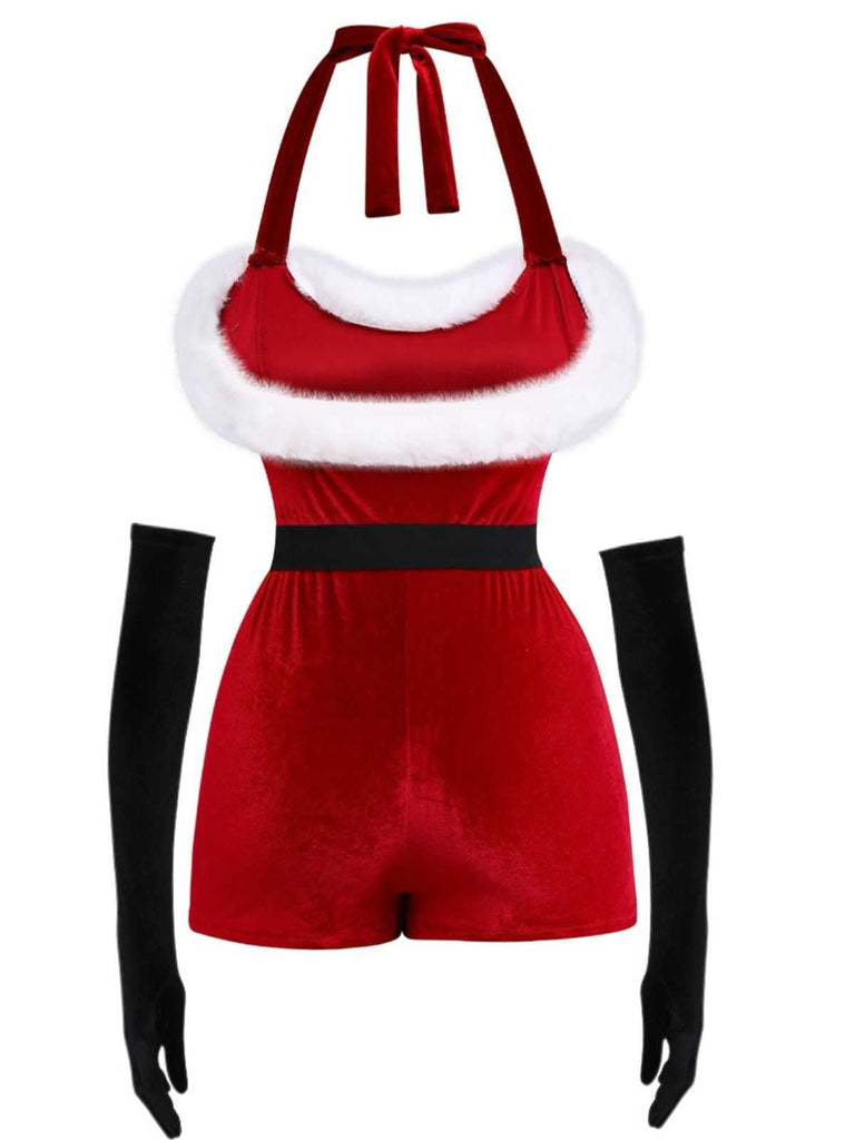 1970s Christmas Velvet Faux Fur Trim Halter Romper Set - vintage jumpsuit, retro fashion