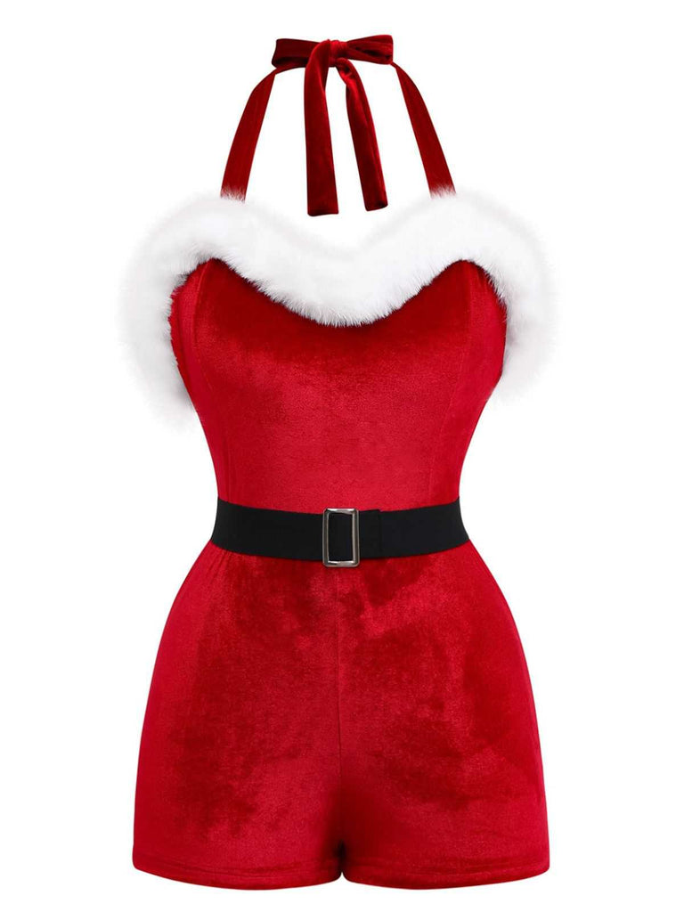 1970s Christmas Velvet Faux Fur Trim Halter Romper Set - vintage jumpsuit, retro fashion