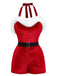 1970s Christmas Velvet Faux Fur Trim Halter Romper Set - vintage jumpsuit, retro fashion