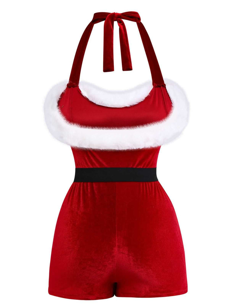 1970s Christmas Velvet Faux Fur Trim Halter Romper Set - vintage jumpsuit, retro fashion