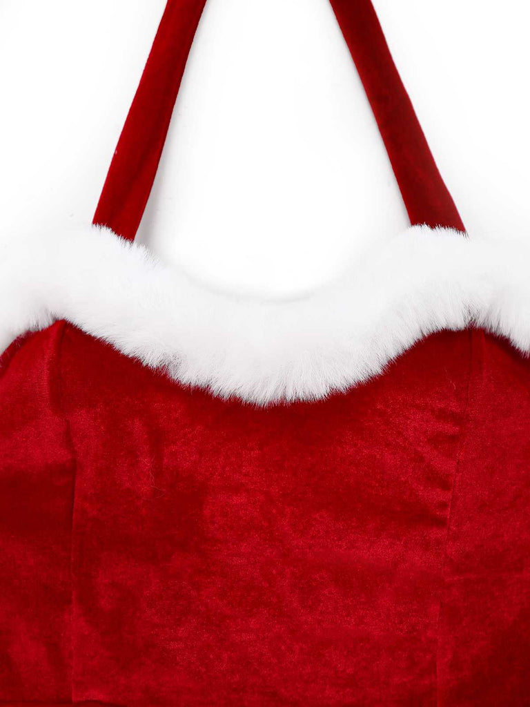 1970s Christmas Velvet Faux Fur Trim Halter Romper Set - vintage jumpsuit, retro fashion