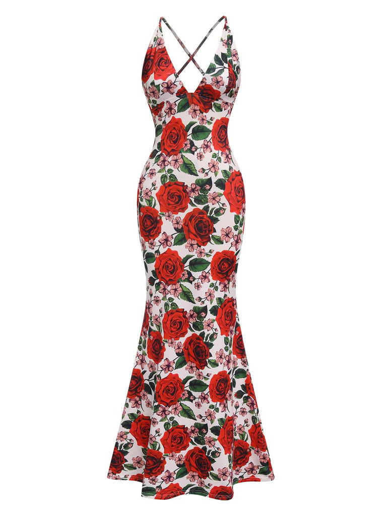 Retro Stage Rose Floral Halter Backless Elegant Maxi Fishtail Dress