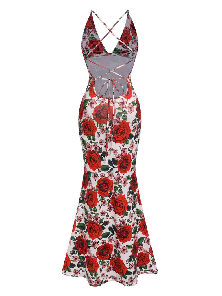 Retro Stage Rose Floral Halter Backless Elegant Maxi Fishtail Dress Retro Stage Rose Floral Halter Backless Elegant Maxi Fishtail Dress