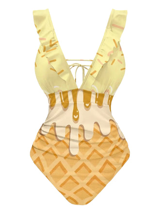 [Pre-Sale] Yellow 1970s Ruffled Tie Back Ice-Cream Swimsuit