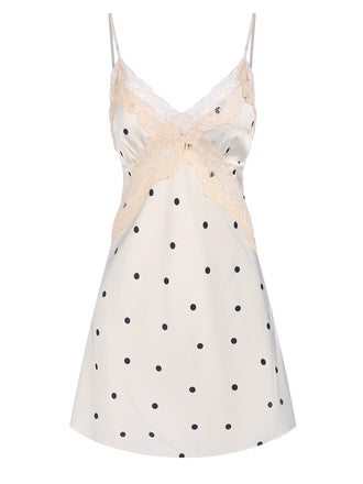 1970s Satin Polka Dot Lace Silk Nightdress, vintage dress, retro fashion, lace detail - perfect for women who love vintage and retro fashion