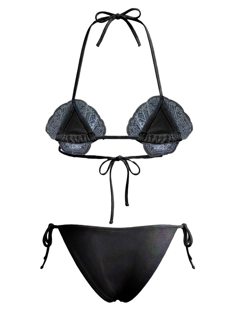 1970s Sequined Embellished Shell Triangle Bikini Set, vintage swimsuit, pin-up swimwear, retro beach style, women, elegant
