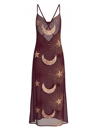 1970s Sheer Celestial Embroidered Sequin Maxi Cover-Up Dress - vintage dress, retro fashion, elegant red