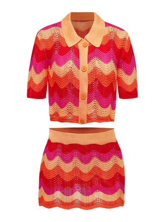 2PCS Multicolor 1970s Knit Cardigan & High-Waist Skirt - vintage skirt, retro style