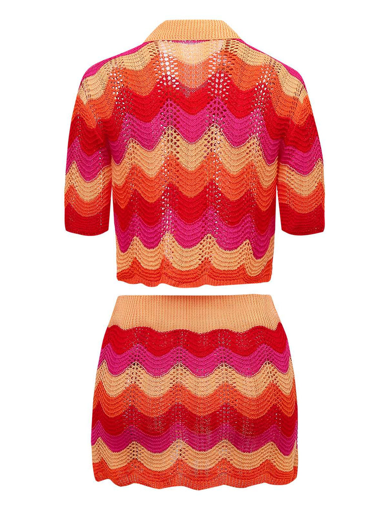 2PCS Multicolor 1970s Knit Cardigan & High-Waist Skirt - vintage skirt, retro style