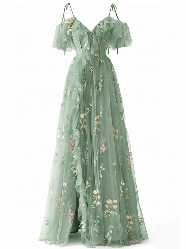Women's Embroidered Floral Mesh Slit Maxi Dress Semi Formal Dress Light Green Women's Embroidered Floral Mesh Slit Maxi Dress Semi Formal Dress Light Green