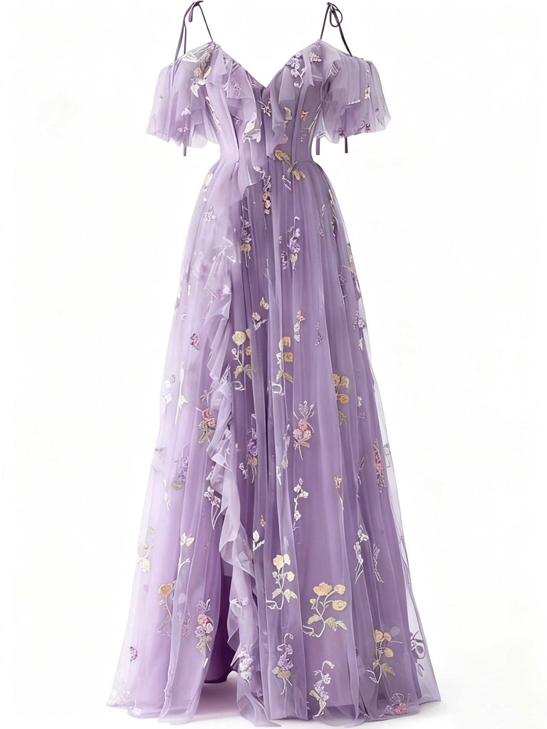 2026 Prom Dress Embroidered Floral Mesh Slit Long Dress | Purple | Ball Gown | Floor Length 2026 Prom Dress Embroidered Floral Mesh Slit Long Dress | Purple | Ball Gown | Floor Length