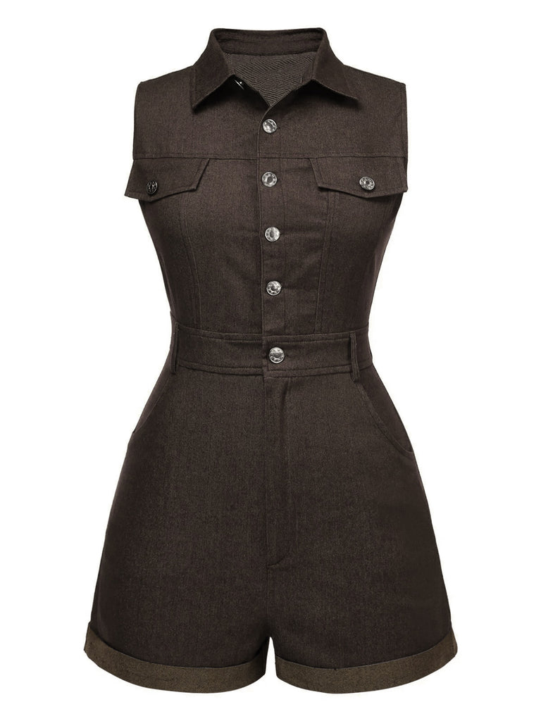 She finds her 1970s story in this 1970s Solid Cotton Sleeveless Denim Romper